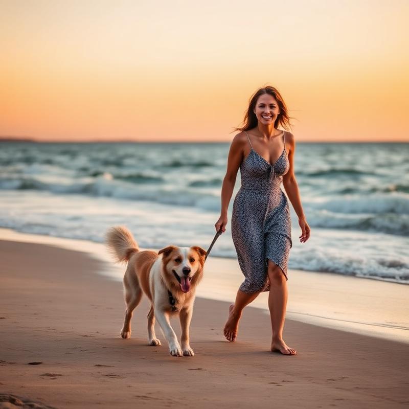 Dog walking on an Australian beach at sunset