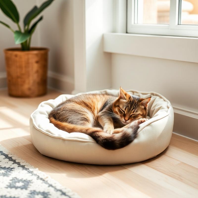 Cat asleep in a cream pet bed by a sunny window