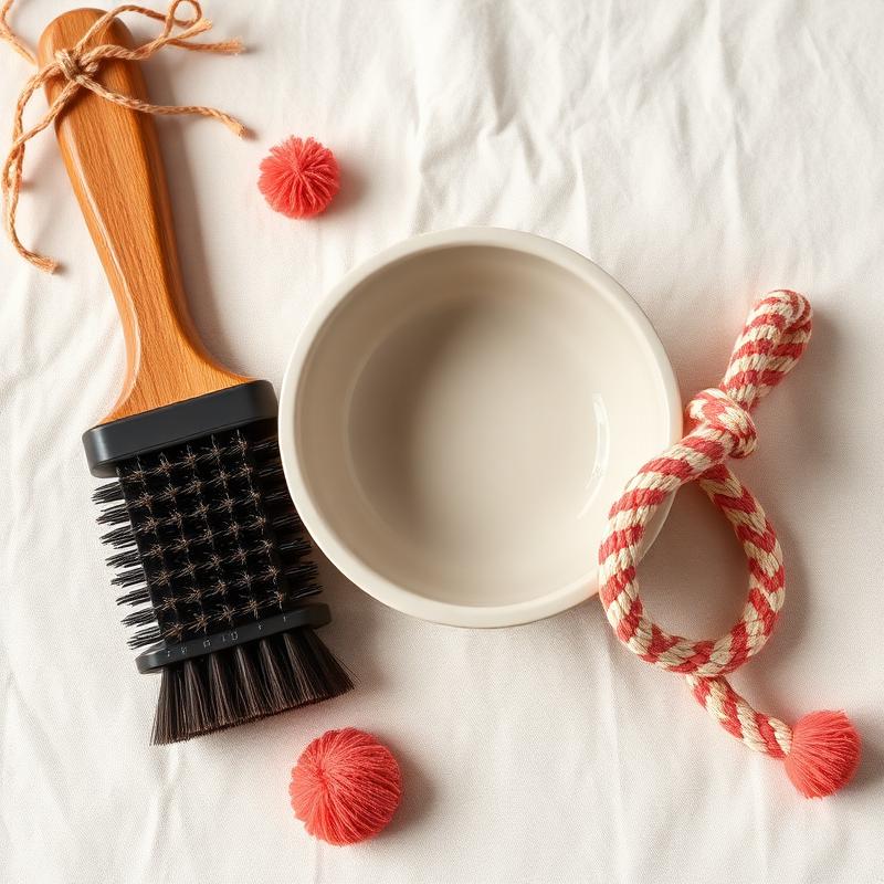 Flat lay of a grooming brush, ceramic bowl and rope toy