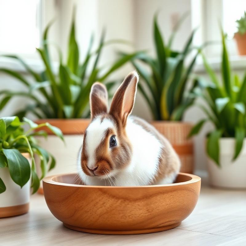 Rabbit sitting in a wooden bowl surrounded by plants